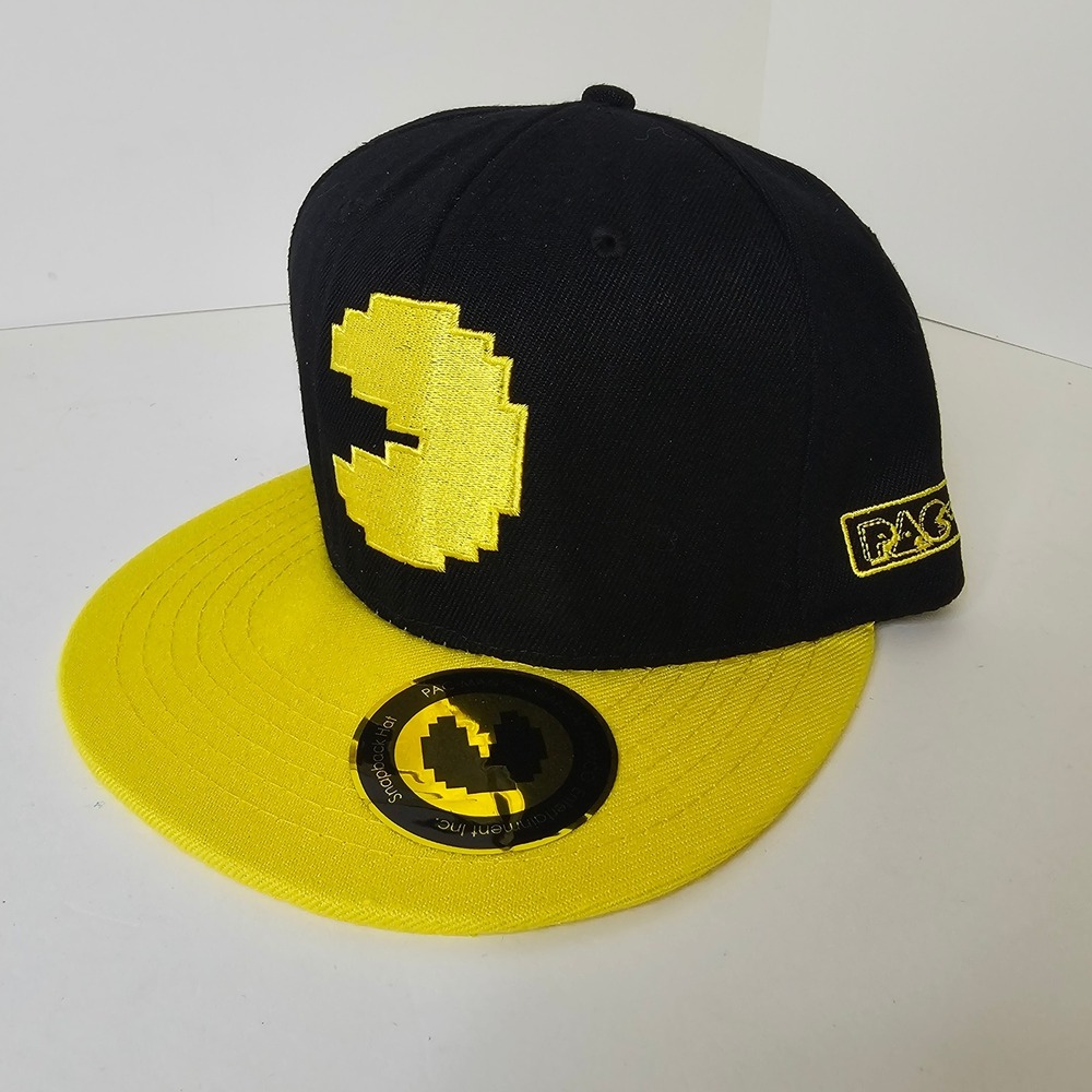 Pac-Man Snapback Hat Black Yellow Pixel Ghost Retro style Flat Bill Cap